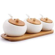 Porcelain Condiment Container Spice Jar With Lids Bamboo Cap Holder Spot Ceramic Serving Spoon Wooden Tray B Spice Containers Spice Jars Glass Spice Jars