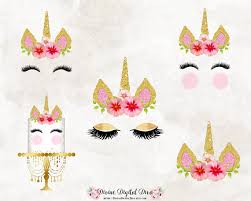 Illustration eyelash and hair, ears and hairstyle, crown and flower. Unicorn Horn Face Eyelashes Flowers Cake Pink Gold Clipart Etsy Gold Clipart Unicorn Horn Unicorn