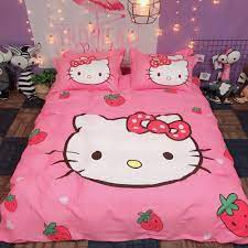 Hello kitty bedroom is included into most popular nursery themes for girls which can be applied to exercise imagination and creativity of little girls. 100 Cotton Bedding Sets Cartoon Hello Kitty Duvet Cover Bed Sheet Pillowcase Soft Pink White Strawberry King Queen Size Bed Set Bedding Sets Aliexpress