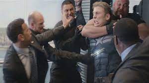 With cloud and aeris in the middle, another cloud on the side in a pose, one of the tifas and yuffie gaining up on reno, the other tifa. Captain America Elevator Fight Dad Joke Know Your Meme