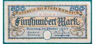 1922 Stadt Bamberg 500 Mark Credit Note 33124 Bamberg Credit Note Marks