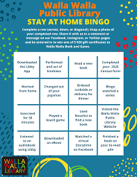 Plus i got a big win on lucky duck!these videos are created for. Walla Walla Public Library Need Something To Do While Staying At Home The Library Has Created A Stay At Home Bingo Contest We Will Randomly Select Five Winners Who Will Win