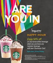 Happy 50 Off In Starbucks Enjoy 50 Off Any Handcrafted Beverage When You Buy Any Summer Beverage With Your Frappuccino Starbucks Card Starbucks Frappuccino