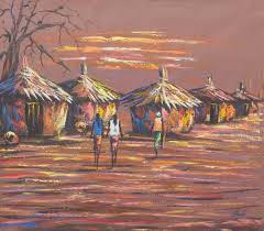 Unicef Market Ghanaian Sunset Landscape Painting Signed Artwork Life In The Village Compound Sunset Landscape Painting Landscape Paintings Painting
