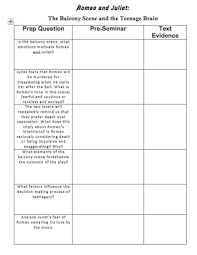 This Worksheet Was Created As A Prep Packet For A Socratic Seminar This Seminar Focuses On The Balcony Scene A Socratic Seminar Romeo And Juliet Teenage Brain