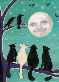 5x7 Gathering in the Halloween Moonlight RYTA Black Cat Full Moon Raven Crow  Abstract Folk Print of Painting Art Landscape Farm Decor