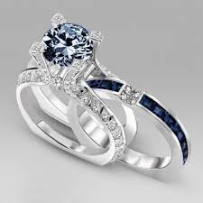 Navy Blue Diamond Special Design Two In One Wedding Ring Set Sterling Silver Rings Set Diamond Wedding Rings Sets Silver Ring Set