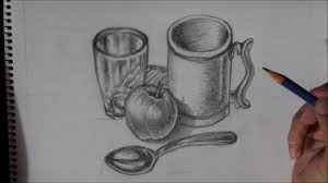 Plate, fork, spoon, knife, bowl, glassa and bottle. Still Life Drawing Tutorial Kitchen Utensils And Apple Youtube