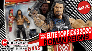 Reigns has a determined headscan and a black, blue and white chest protetor with his symbol in the front. Roman Reigns Wwe Elite Top Picks 2020 Wwe Toy Wrestling Action Figure By Mattel