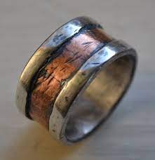 Mens Wedding Band Rustic Fine Silver And Copper Or 14k Rose Gold Handmade Hammered Artisan Designed Wide Band Ring Manly Ring Custom Rustic Wedding Bands Mens Wedding Bands Wedding Rings Unique