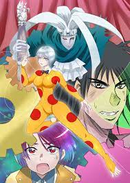 sougetsu ayu, harlequin (karakuri circus), katou narumi, saiga masaru,  shirogane (karakuri circus), karakuri circus, silver hair, bad id, bad  pixiv id, highres, 1girl, 2boys, bodysuit, grey eyes, multiple boys,  painting (medium), polka