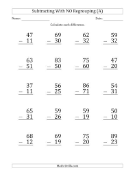All these files are in pdf format and easily printable. Large Print 2 Digit Minus 2 Digit Subtraction With No Regrouping A
