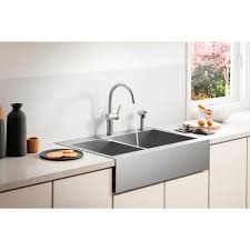 Kohler kitchen sinks come in a variety of styles, designs and materials. Kohler Vault Drop In Farmhouse Apron Front Self Trimming Stainless Steel 36 In 4 Hole Double Bowl Kitchen Sink K 3944 4 Na The Home Depot In 2021 Stainless Apron Front Sink Apron Front Kitchen Sink Stainless