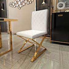 Modern Upholstered White Black Pu Leather Dining Chair Set Of 2 Stainless Steel Leg Gold Gold Dining Chairs Gold Dining Room Chair Gold Dining Room