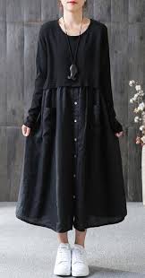 100 Cotton Tunic Omychic Cotton Solid Spliced Female Long Sleeve Black Dress Black Long Sleeve Dress Cotton Tunics Clothes