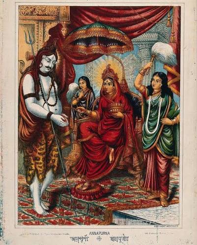 Shiva asking for food from Annapurna. Food is considered sacred in Hinduism, and prayers are offered before consuming it. Goddess Annapurna is an aspect of Devi and is known as the Hindu