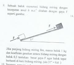 Sebuah Balok Menuruni Bidang Miring Dengan Kecepatan Awal 6m S Ditahan Dengan Gaya F Seperti Brainly Co Id