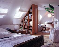 Decoration Attic Master Suite Open Bedroom Bathroom With Triangle Shape Bookcase As Room Separator Ideas Attic Master Bedroom Loft Room Attic Bedroom Designs