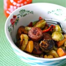 Another meal done in less than a half hour, using two pans and a cutting board. Maple Roasted Fall Vegetables With Chicken Apple Sausage