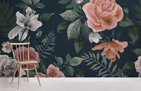 Support photography around.wallpaper mural painting your life. Dark Green Pink Floral Wallpaper Mural Hovia