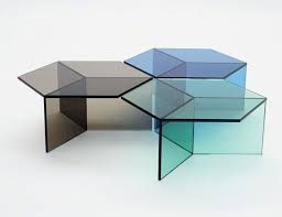 This coffee table features a chrome finish and clear glass tabletop. Hexagonal Glass Tables Isom By Sebastian Scherer Glass Furniture Glass Table Glass Table Living Room