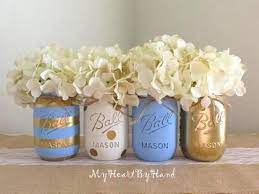 Baby Blue And Gold Mason Jar Centerpieces Baby Shower Mason Mason Jar Centerpieces Baby Shower Mason Jar Baby Shower Boy Baptism Centerpieces