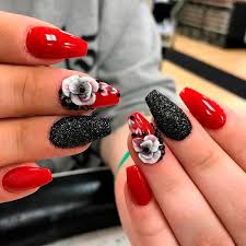 Acrylic nail designs can be created with a blend of matte black and shiny silver. Red Acrylic Nail Designs Red Acrylic Nails Designs The Best Images Creative Ideas Red Acrylic Nails Acrylic Nail Designs Red Nail Designs