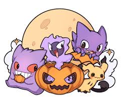 sevi (seviyummy), gastly, gengar, haunter, mimikyu, creatures (company),  game freak, nintendo, pokemon, absurdres, highres, blush, cloud, colored  sclera, evolutionary line, gen 1 pokemon, gen 7 pokemon, ghost, halloween,  jack-o-lantern, moon ...