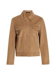 The front is bedecked with three concealed clip closures, two side entry pockets, and a large button at your neck. Theory Women S Suede Trucker Jacket Camel Editorialist
