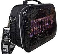 Justice Sport Black & Purple Sequin Insulated Lunch Box Lunch Bag Tote, Lunchbox