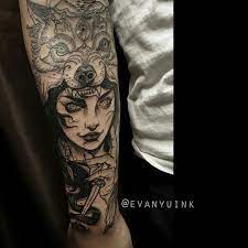 Pin By Payton On Neo Traditional And New School Wolf Girl Tattoos Girl Tattoos Wolf Tattoo Sleeve
