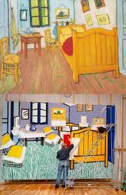 The bright, cheerful little room has become a field of rapid convergences, sharp angles, and contrasts of high color. Van Gogh S Bedroom In Arles Being Repainted By Roy Lichtenstein Parodies Variations