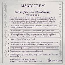 Shrine Of The Most Blessed Bunny Magic Item Card Ink And Lyre On Patreon In 2020 Dnd 5e Homebrew Dungeons And Dragons Stone Statues