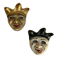 Pair of Carnival Masks in Plaster, Vintage, Size 9x9 Cm