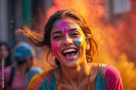 Poster beautiful woman enjoying The Hindu festival Holi, india