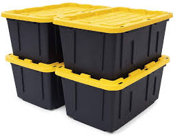 Safari usa 5 gallon heavy duty storage bin/basket with lids (6 pack), made in the usa, 20 quart, (16x12x8.5) stackable plastic storage boxes for toys, craft, garage, home, beach, … more reviews ››. Amazon Com Original Black Yellow 27 Gallon Tough Storage Containers With Lids Stackable 4 Pack