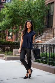 Dark Toned Work Outfit Navy Blue Blouse With Black Ankle Trousers Slip On Loafers Comfy Work Outfit Business Casual Attire For Women Business Casual Attire