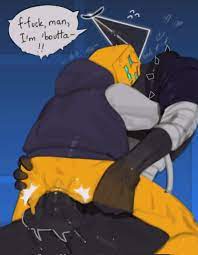 1kogito 2boys anal anal sex duo gay geometry dash holding kogito  male only on lap riding riding penis sitting spike text text bubble video  games yellow body yellow skin 