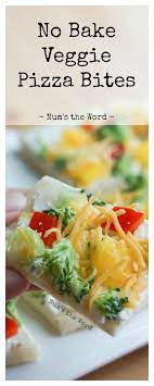 These No Bake Veggie Pizza Bites Make For The Perfect Party Appetizer Snack Or Lunch On A Hot Summer Day Quick An Pizza Bites Baked Veggie Pizza Veggie Pizza