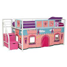 Designed to complement a junior loft bed, this charming curtain set includes cute bedrail coverings displaying a classic fire station sign, while the loft bed curtain showcases a fun firehouse motif including a fire hydrant, a smiling dalmatian, a. Princess Castle Curtain Set For Loft Bed Pink Dorel Home Products Loft Bed Curtains Bed Curtains Loft Bed