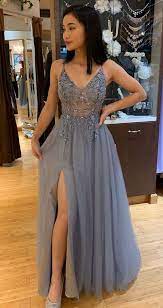 A Line V Neck Grey Beaded Long Prom Dress With Split Grey Beaded Formal Graduation Evening Dress Trendy Prom Dresses Cute Prom Dresses Pretty Prom Dresses