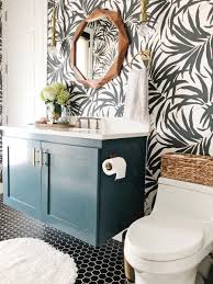 Green bathroom colors blue green bathrooms green bathroom accessories green bathroom decor green bathrooms designs ikea bathroom brown bathroom wood bathroom bathroom. Vintage Chic Bathroom Update Black Hexagon Floors With A Green Floating Vanity And A Wood Mirror Palm Frond Wallpaper Cc Mike