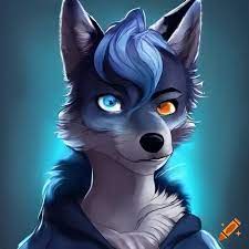Reference sheet of a male wolf fursona with black fur and blue hair on  Craiyon