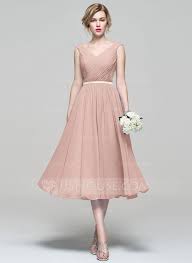 Us 116 00 A Line V Neck Tea Length Chiffon Bridesmaid Dress With Ruffle Jj S House Tea Length Dresses Chiffon Cocktail Dress Chiffon Bridesmaid