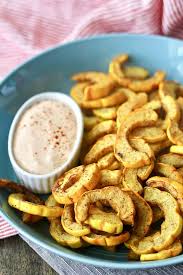 Delicata Squash Fries With Chipotle Garlic Dipping Sauce Recipe Delicata Squash Squash Fries Eating Well Recipes