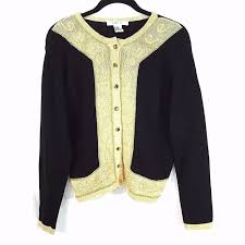 Black And Gold Sweater Women S Lise J Cardigan Sweater Small Black Gold Metallic Threading And Beads Evening Lisej Cardigan Sweaters For Women Career Outfits Clothes