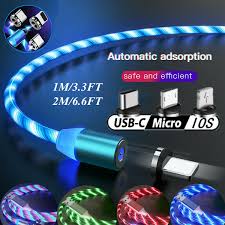1m 2m 3ft 6ft Led Flowing Light Up Magnetic Fast Charger Cable For Type C Micro Usb Iphone Samsung Huawei Wish