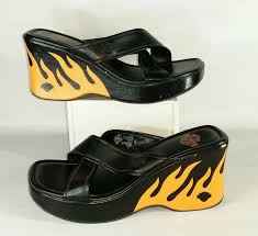 Be sure to check out camel color wedges and camel platform wedges. Harley Davidson Motorcycles Flame Fire Wedge Sandals Black Orange Euc Sz 10 Ebay Black Leather Shoes Women Black Leather Heels Brown Womens Shoes