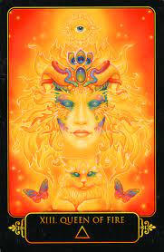 Queen Of Fire Dreams Of Gaia Tarot By Ravynne Phelan Queen Of Fire Animal Reiki Tarot Cards Art