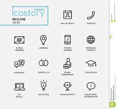 Después, facilitarás un resumen de tu formación académica, experiencia profesional, habilidades, idiomas y otra información digna de mención para el contenido de tu curriculum vitae. Linea Fina Simple Iconos Del Diseno Pictogramas Del Curriculum Vitae Moderno Fijados Ilustracion Del Vector Ilustracion De Concesiones Plano 68832059
